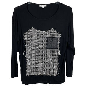 Milly T Shirt Top Size M Black Tweed Panel Wool Blend Knit Lambskin Pocket USA